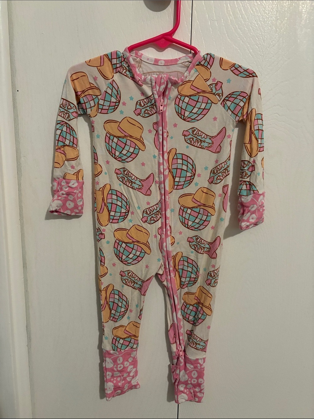 Girls' Pink Cowgirl Print Zip One-Piece Pajamas